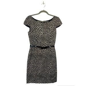 Tahari Fitted Waist Straight Skirt Cap Sleeves Patent Bow Belt Black Cream Spots